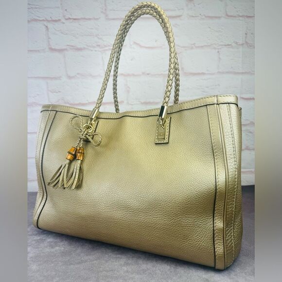 Gucci Gold Bella Tassel Braided Leather Tote - Picture 1 of 16